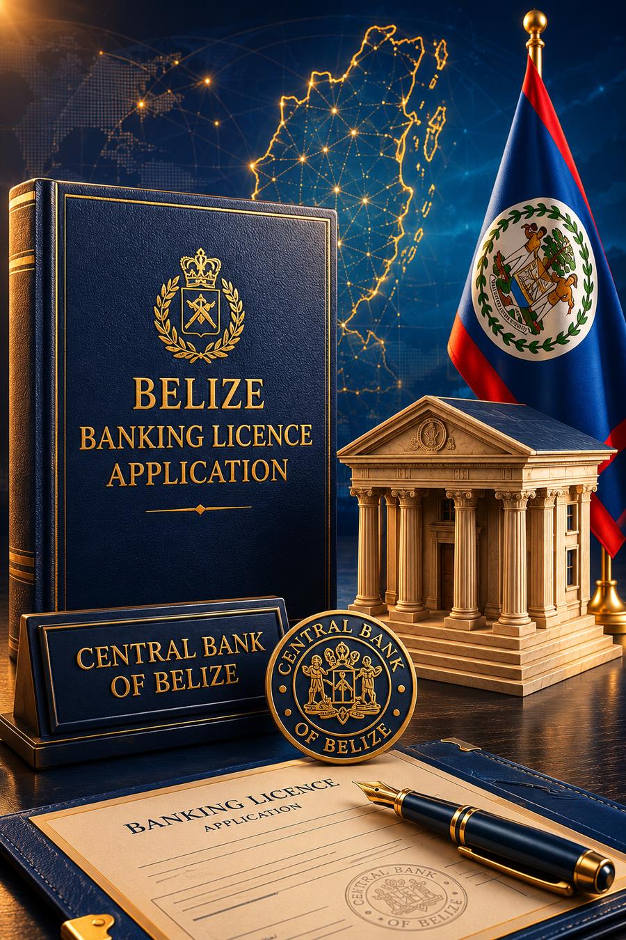 Belize banking licence advisory, Central Bank of Belize application package, and regulatory project visual